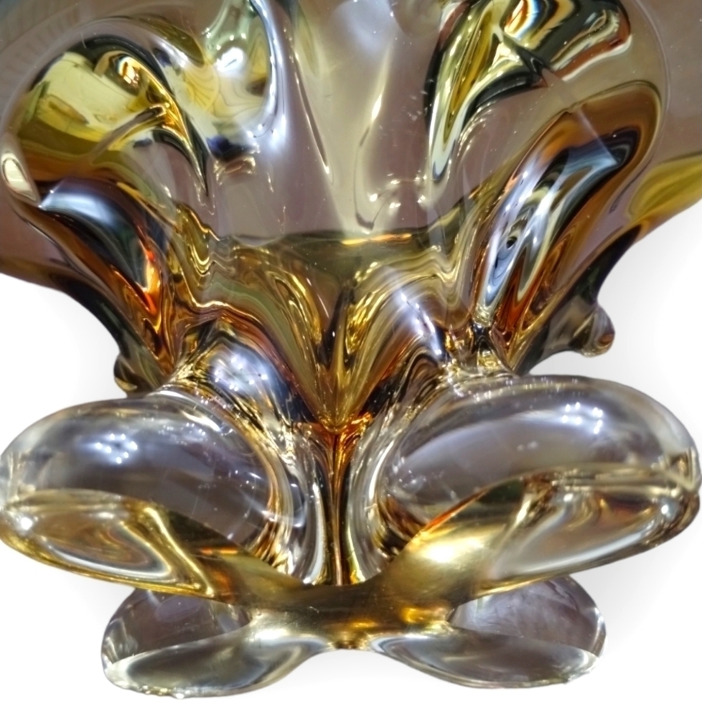 Lorraine Canada 352 Art Glass Freeform Pedestal Bowl Olive Amber 17" - Picture 6 of 7